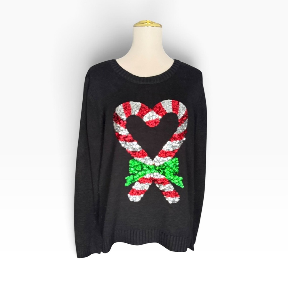 Karen Scott Womens XL Black Sequin Candy Cane Heart Holiday Sweater FA17
